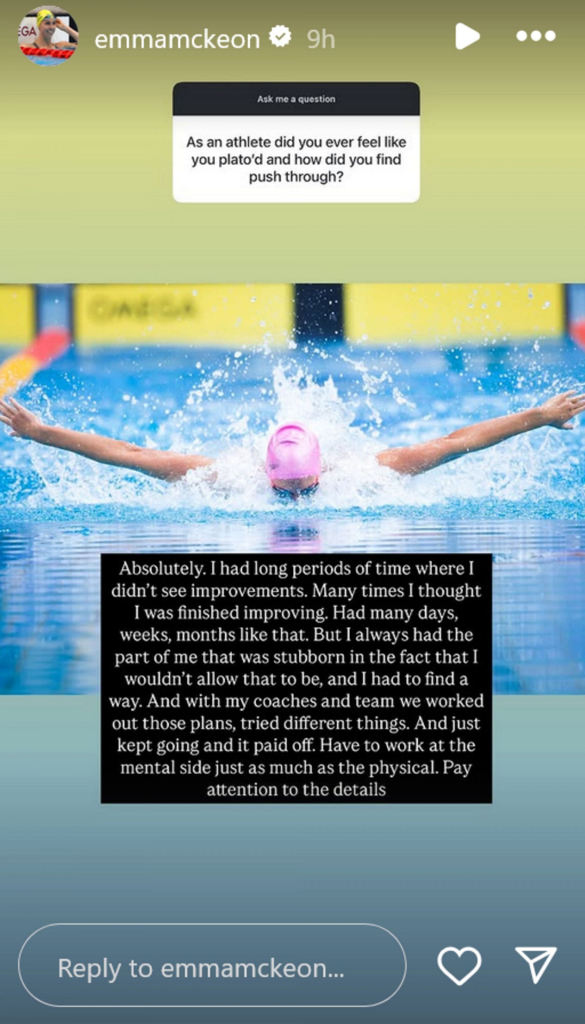 McKeon&rsquo;s response to how she dealt with stagnation - Source: via @emmamckeon on Instagram