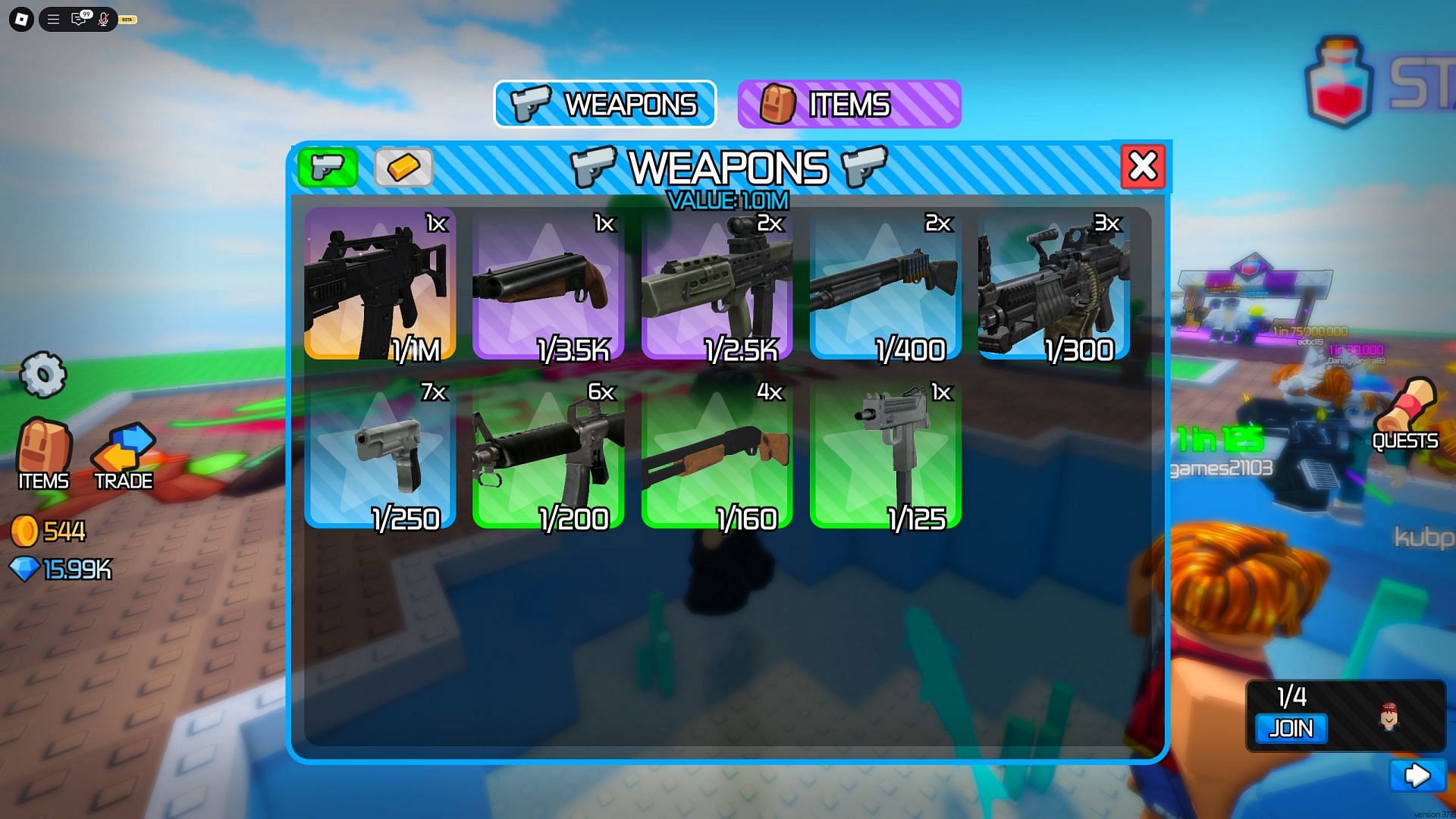 Owned weapons and items can be found here (Image via Roblox)