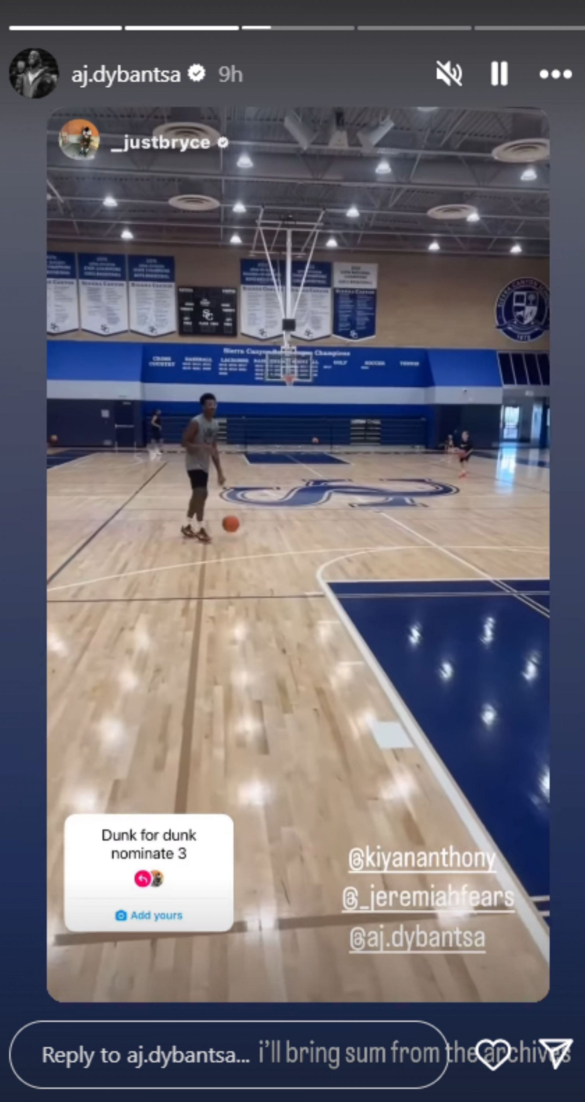 $3.8M NIL-valued AJ Dybantsa responds to LeBron James&#039; son Bryce James&#039; dunk challenge (Image: IG/ aj.dybantsa)