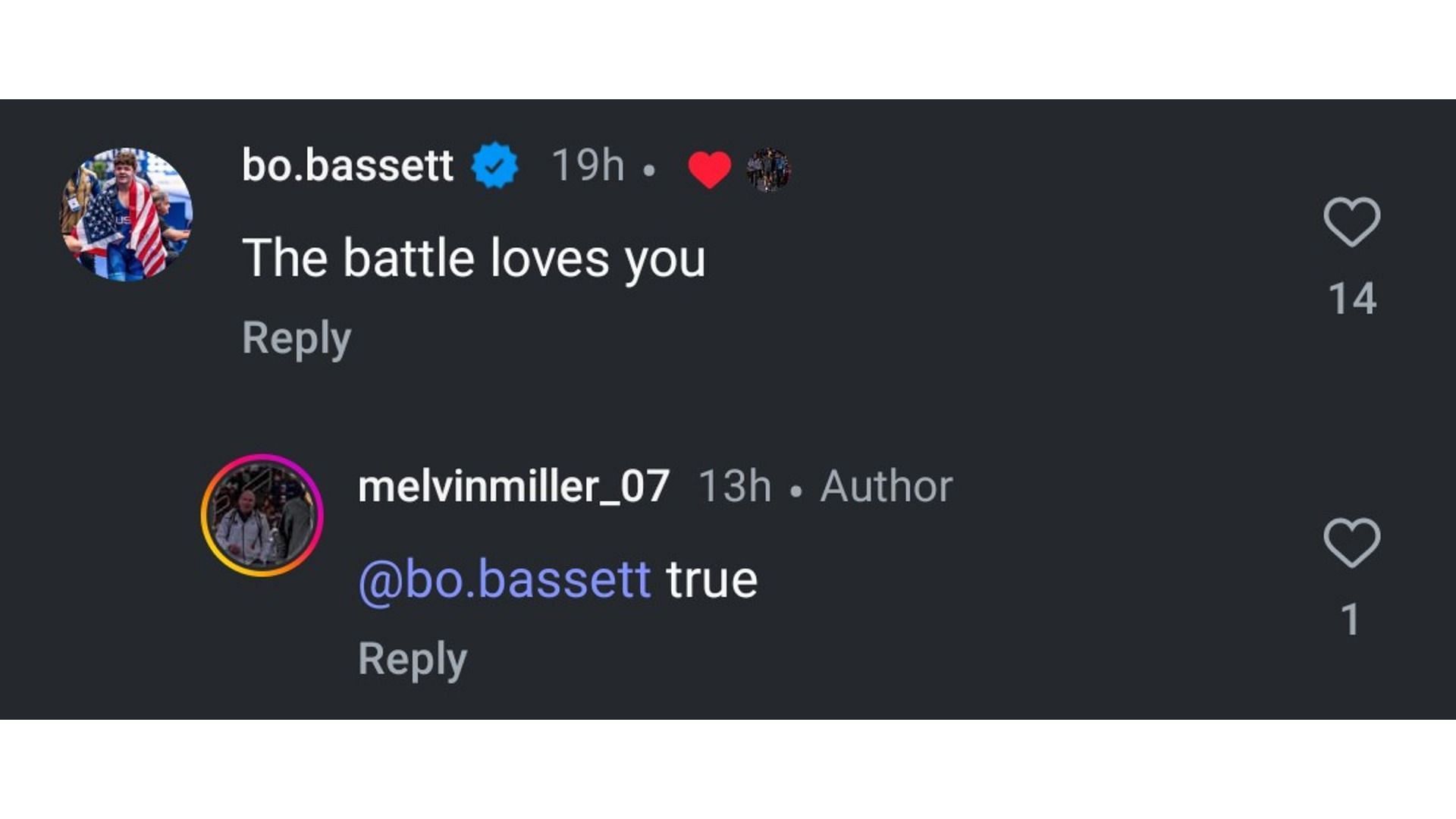 Screenshot of Bassett and Miller&#039;s conversation on the latter&#039;s post (Image via: Miller&#039;s Instagram)
