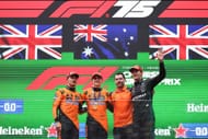 Lando Norris (L), Oscar Piastri (2nd from L), and George Russell (R) at the F1 Chinese Grand Prix podium - Source: Getty