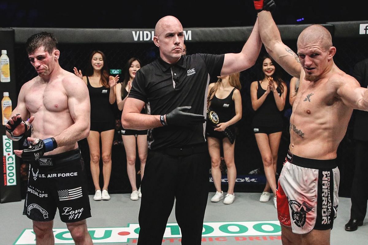 Zebaztian Kadestam celebrates winning the then-vacant ONE welterweight MMA world championship. [Photo via: ONE Championship]