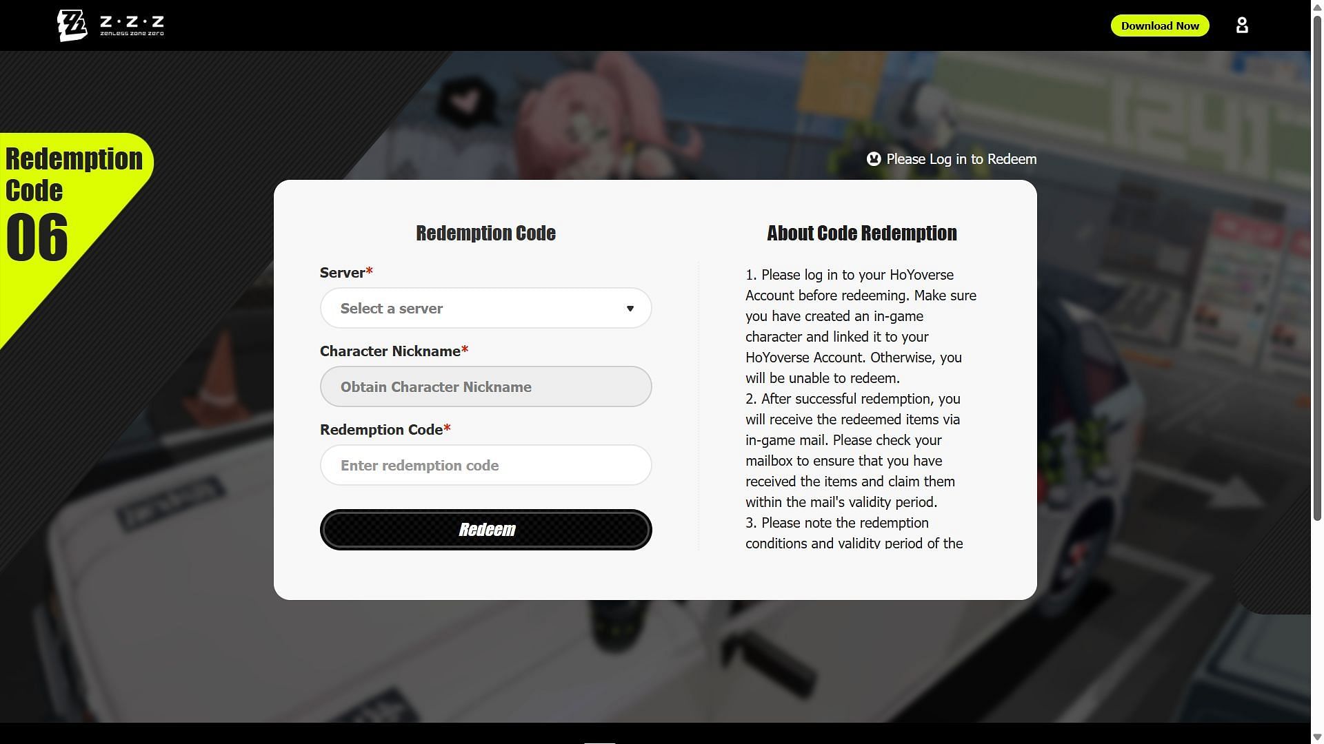 Redeem codes on the website (Image via HoYoverse)