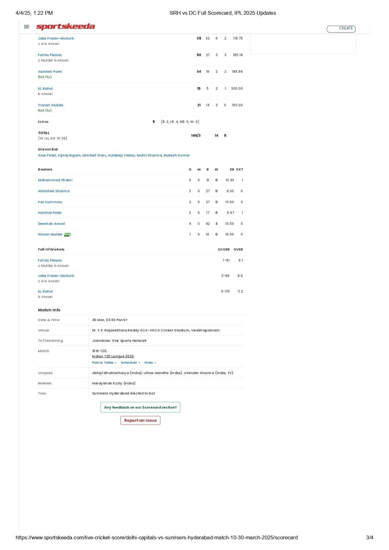DC vs SRH IPL 2025 scorecard.