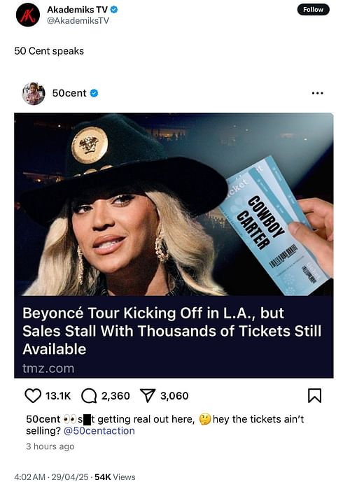 50 Cent's post about Beyoncé's tour tickets (Image via @AkademiksTV/X)