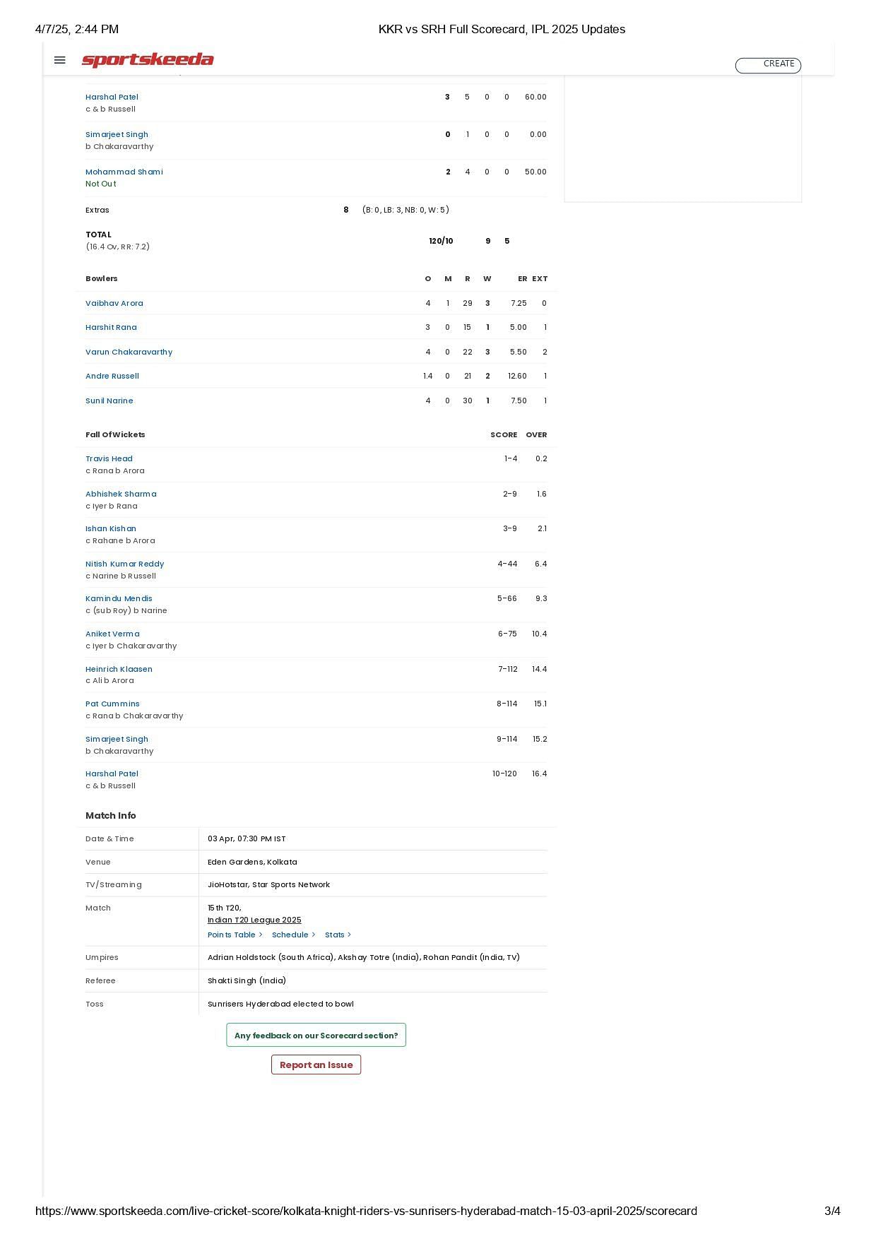 KKR vs SRH 2025 scorecard.