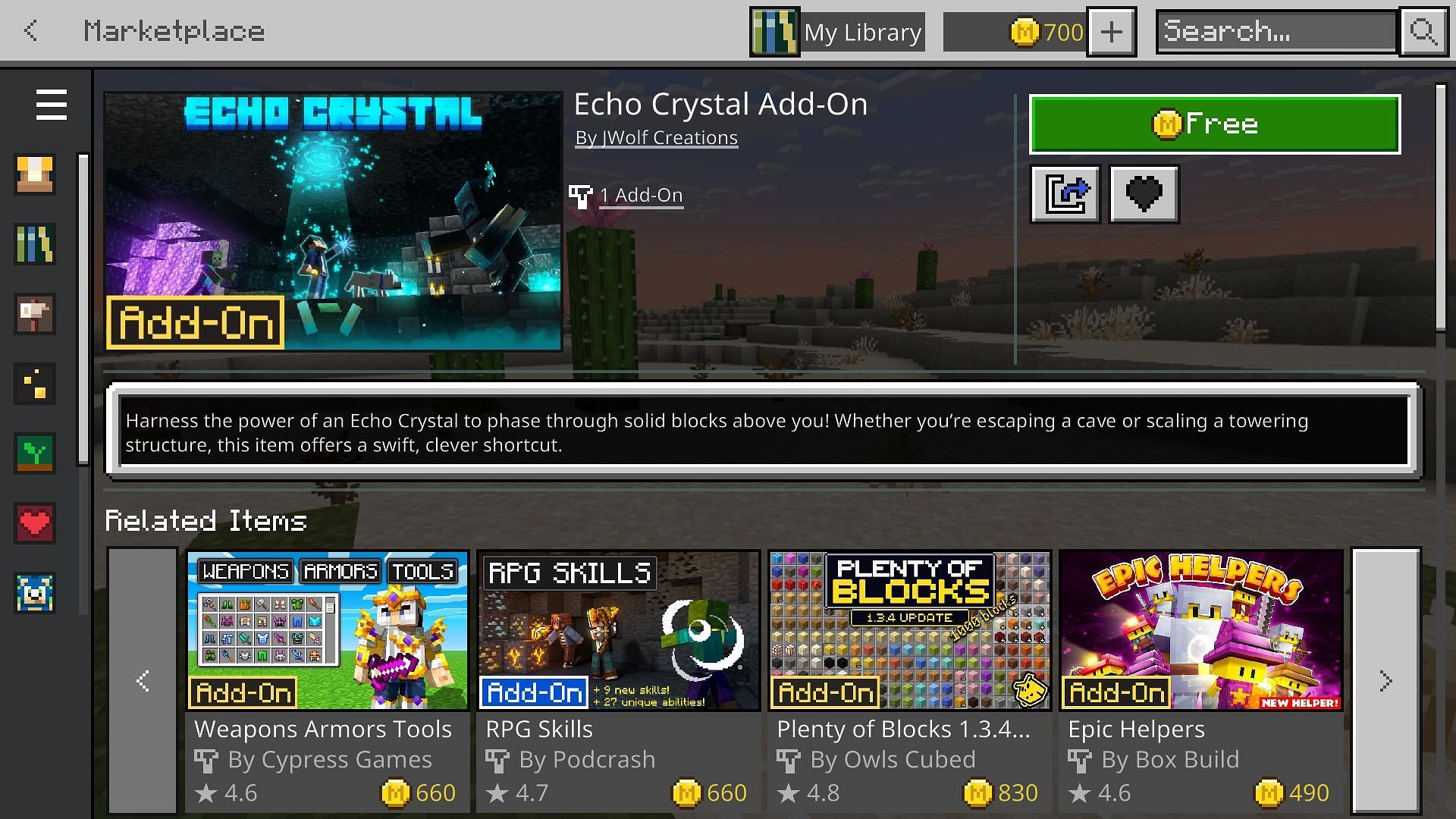 You can get your hands on the free Minecraft Echo Crystal add-on from the Bedrock Marketplace (Image via Sportskeeda Gaming || Mojang Studios)