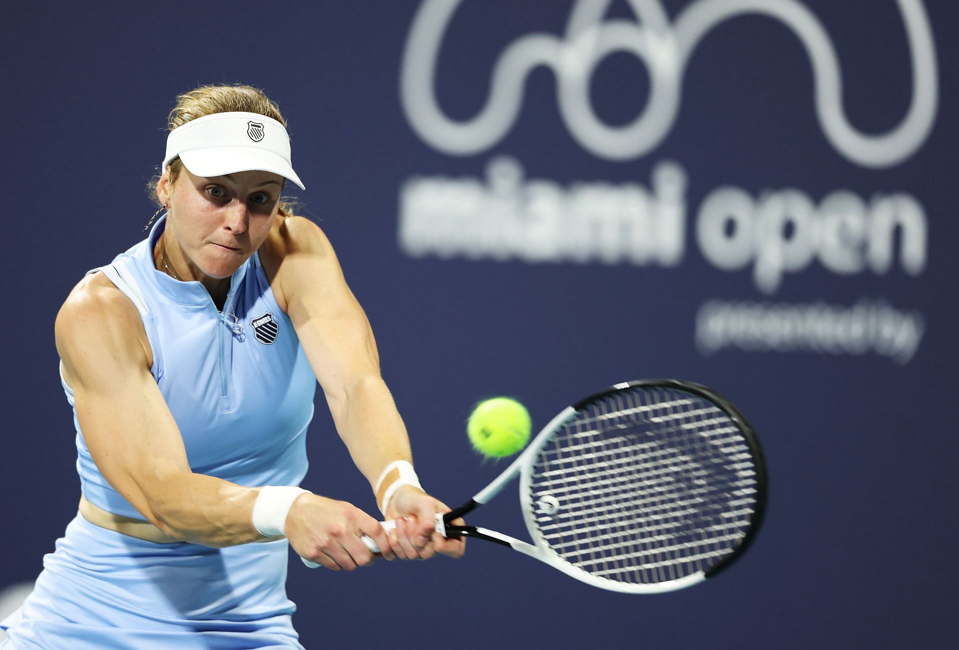 Samsonova plays a backhand on tour - Day 3 - Source: Getty