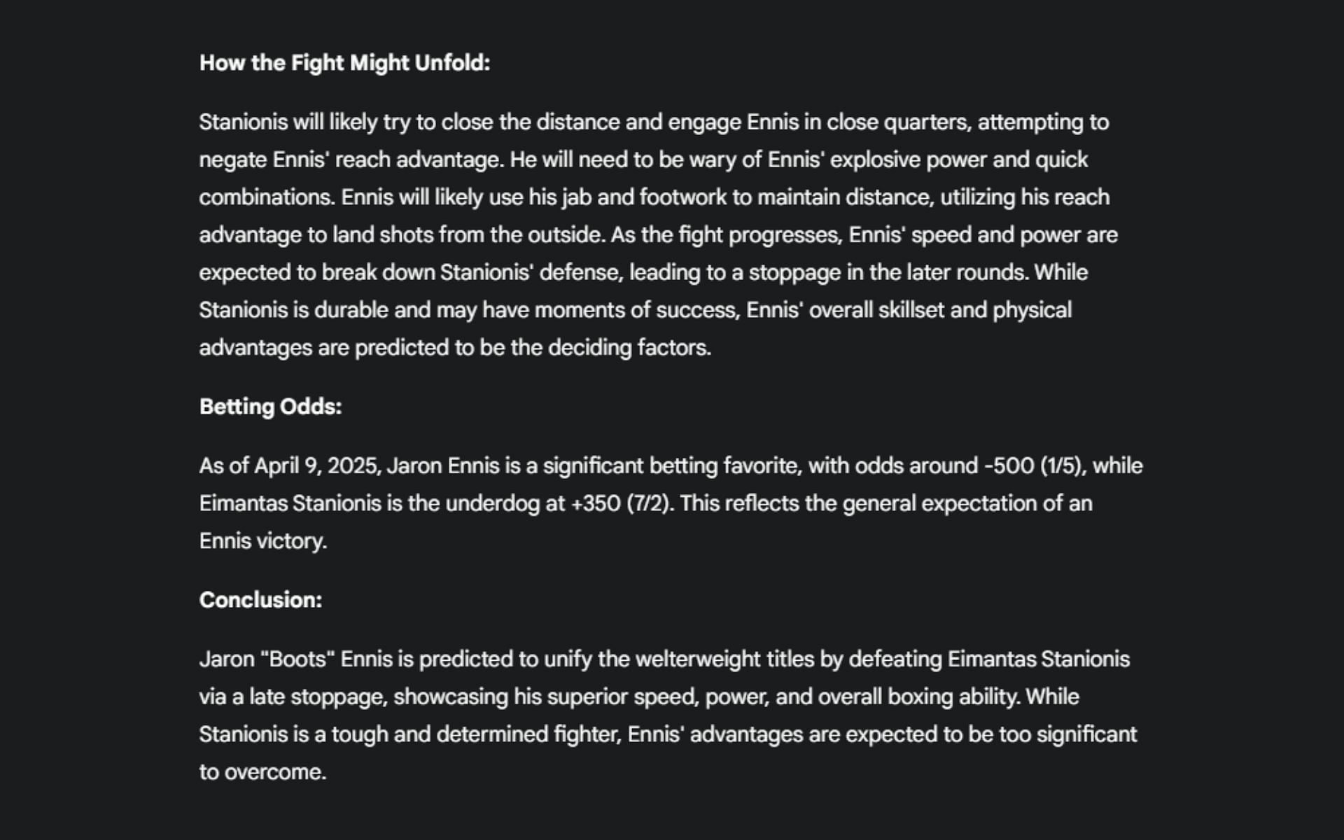 Screenshot of Google&#039;s AI prediction for the Jaron Ennis vs. Eimantas Stanionis fight