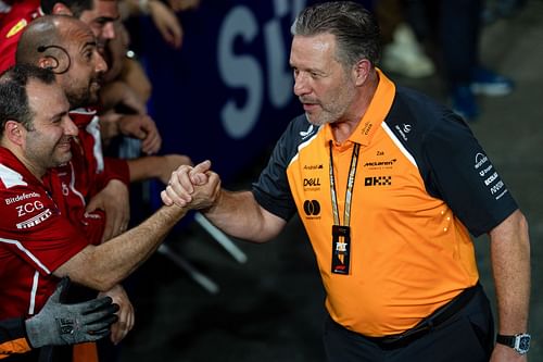 Zak Brown shakes the hand of a Ferrari team member in parc ferme during the F1 Grand Prix of Saudi Arabia - Source: Getty