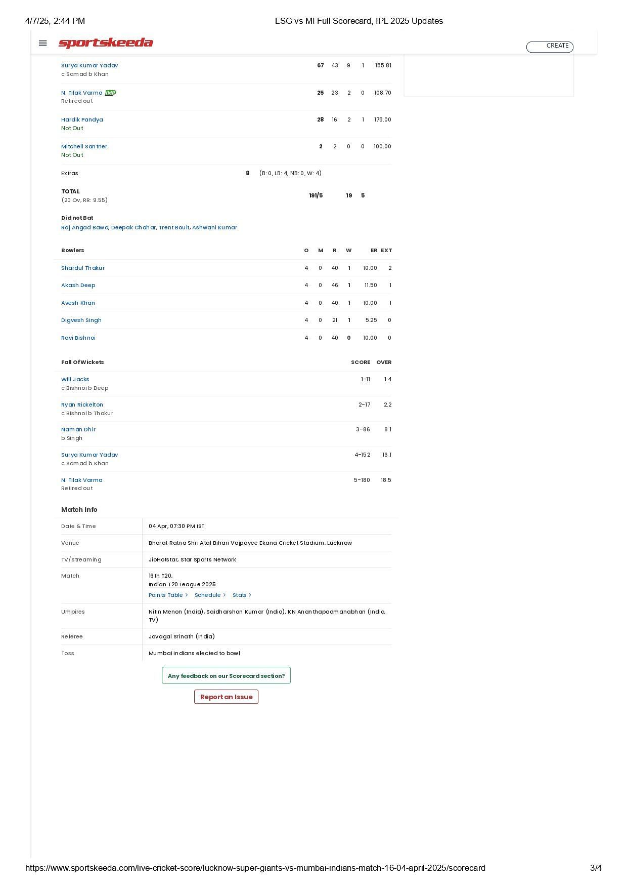 LSG vs MI 2025 scorecard.