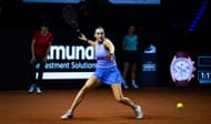 Aryna Sabalenka in action against Elise Mertens of Belgium in the quarter-final on Day 5 of the Porsche Tennis Grand Prix. Getty