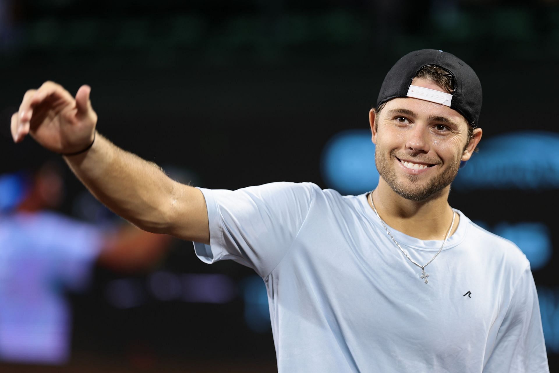 HOUSTON, TEXAS - MARCH 31: Aleksandar Kovacevic of the United States reacts after defeating Tomas Martin Etcheverry of Argentina on Day 1 of the Fayez Sarofim &amp; Co. U.S. Men&#039;s Clay Court Championship - Source: Getty
