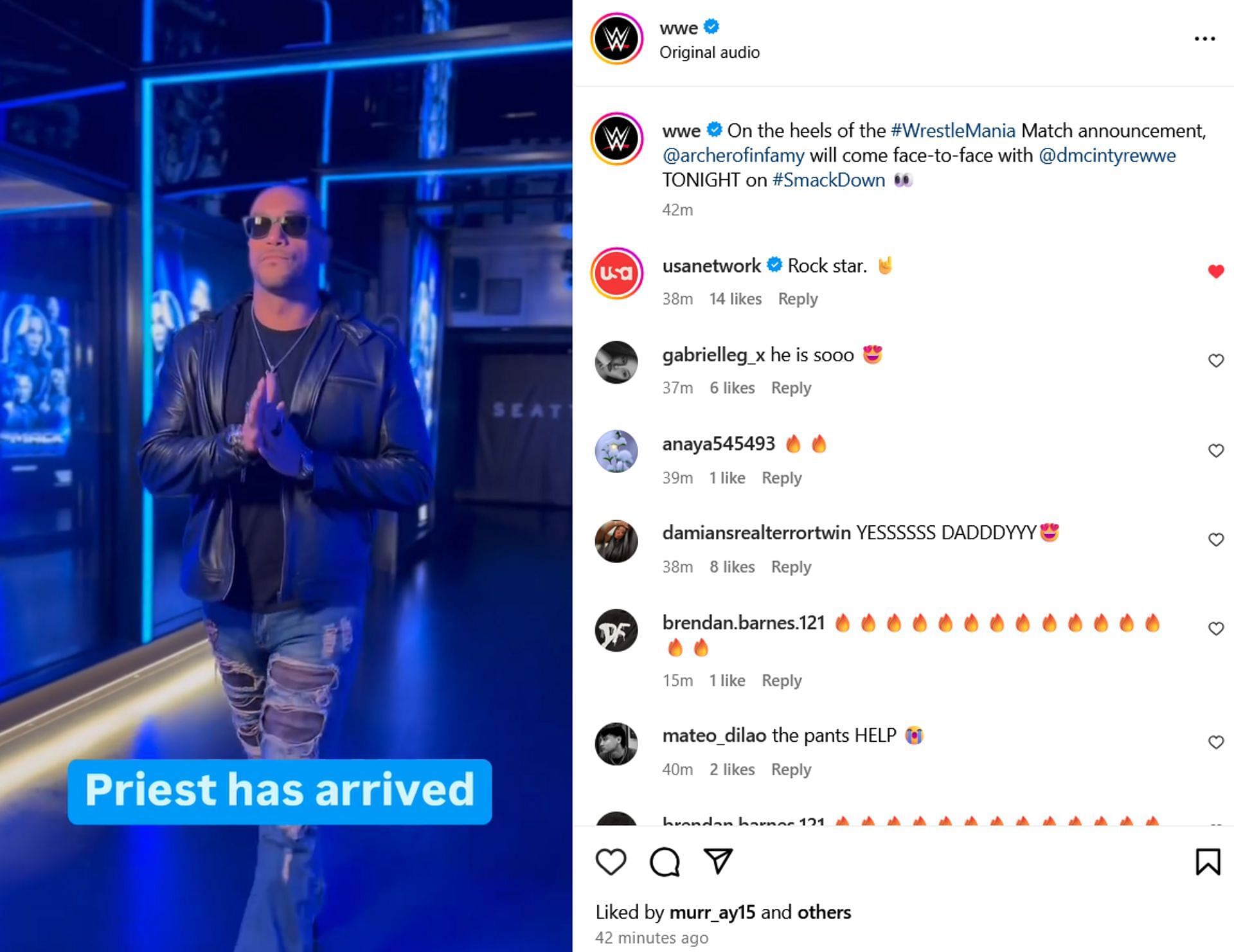 The USA Network&#039;s comment on Damian Priest [Photo Credit: Screenshot of WWE&#039;s Instagram post]