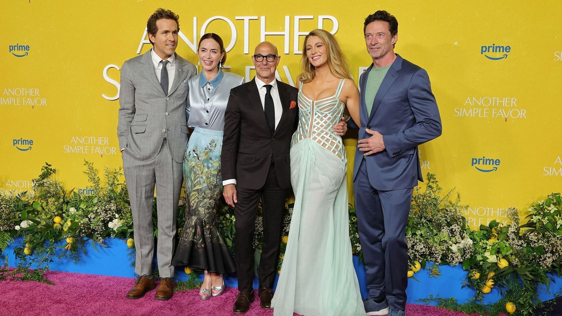 (L-R) Ryan Reynolds, Emily Blunt, Stanley Tucci, Blake Lively, and Hugh Jackman attend &quot;Another Simple Favor&quot; New York Screening at Jazz at Lincoln Center on April 27, 2025, in New York City. (Image via Getty/Dia Dipasupil)