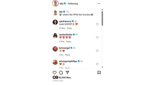 Ayesha Curry reacts on Monday to La La Anthony's party outfit. [photo: @lala/IG]