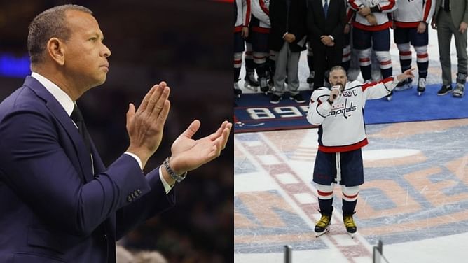 Alex Rodriguez congratulates Alex Ovechkin after the 12x All-Star breaks Wayne Gretzky's NHL career goals record