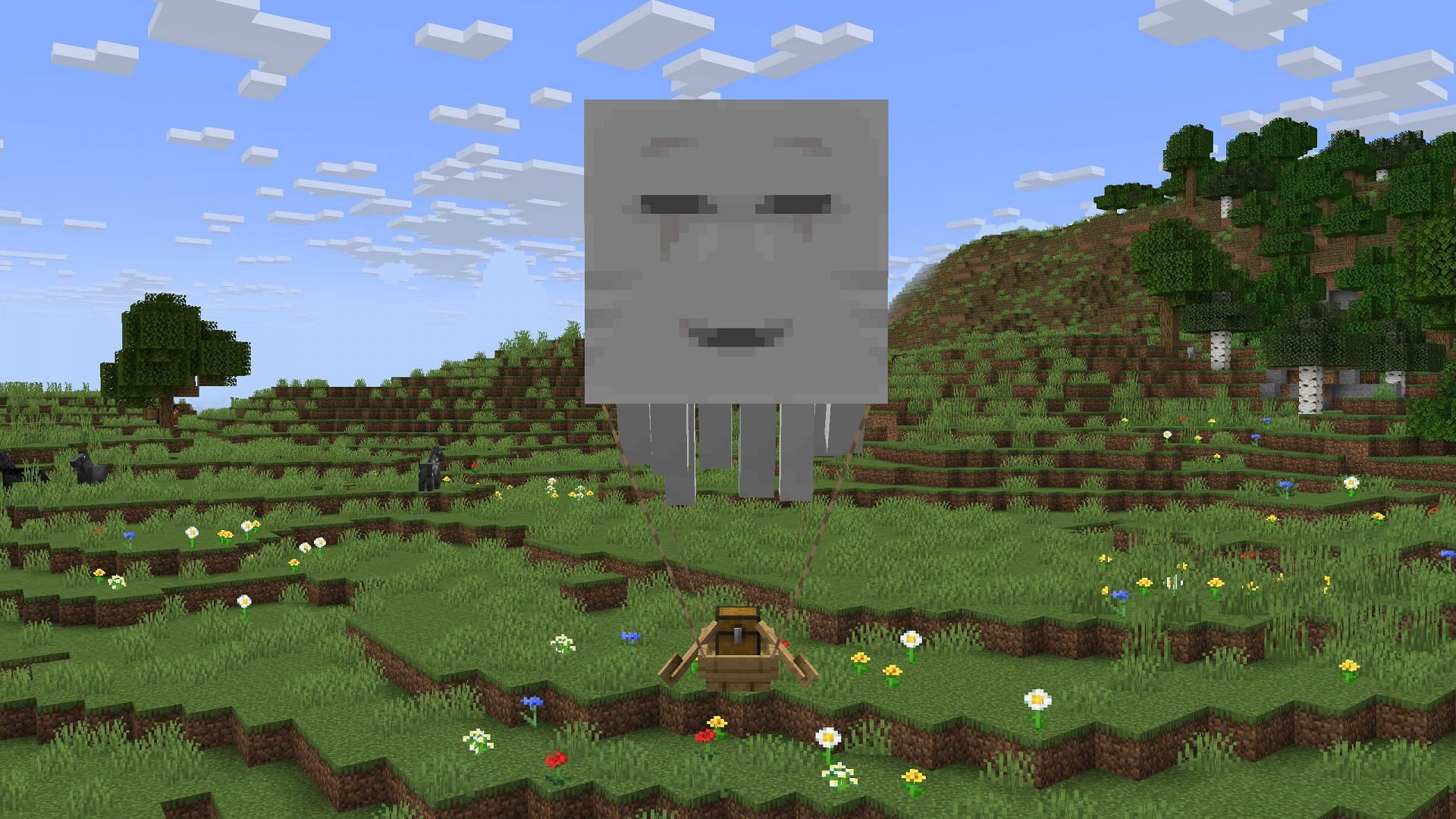 Happy ghasts and other entities can be connected via a leash. (Image via Sportskeeda Gaming || Mojang Studios)
