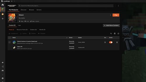 Install the Minecraft Distant Horizons using the Curseforge launcher or manually placing the ZIP file on a supported mod API (Image via Sportskeeda Gaming || Curseforge/Mojang Studios)