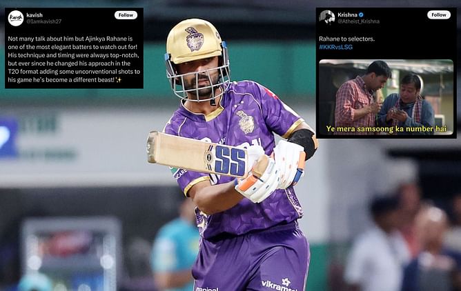 "Was sold for just 1.5 cr, but he’s batting like a 27 cr beast" - Fans react to Ajinkya Rahane's dazzling 61-run knock in KKR vs LSG IPL 2025 clash