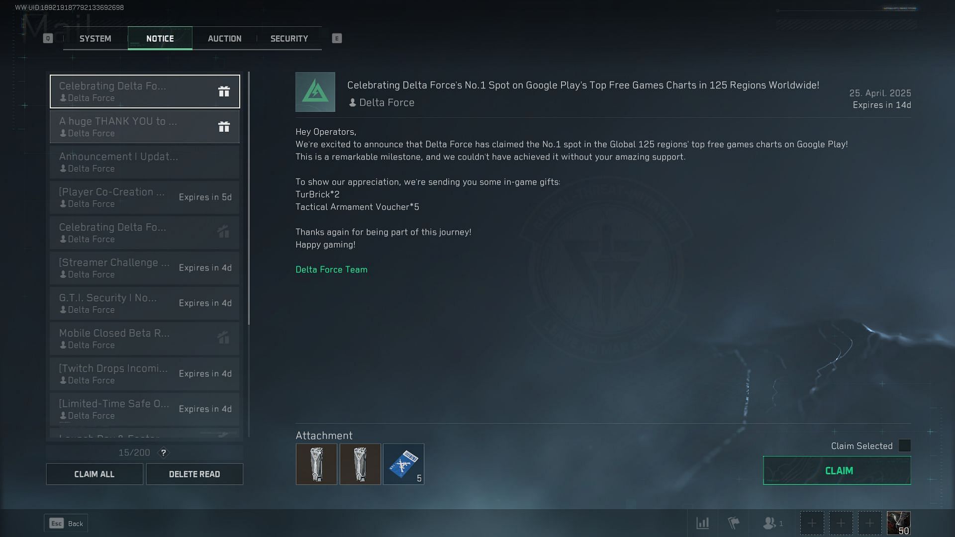 Rewards can be claimed via in-game mail (Image via Sportskeeda Gaming || TiMi Studio Group)