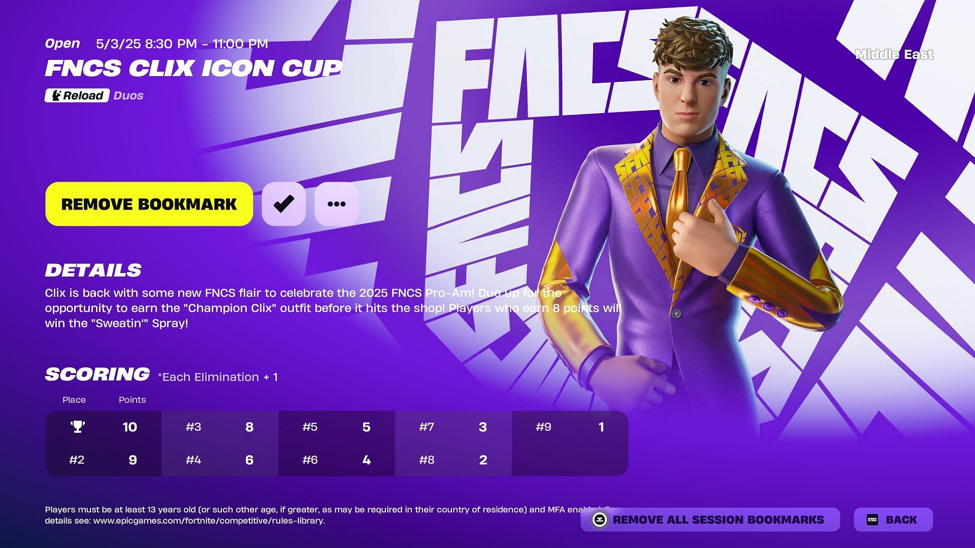 Fortnite FNCS Clix Icon Cup event page (Image via Sportskeeda Gaming || Epic Games)