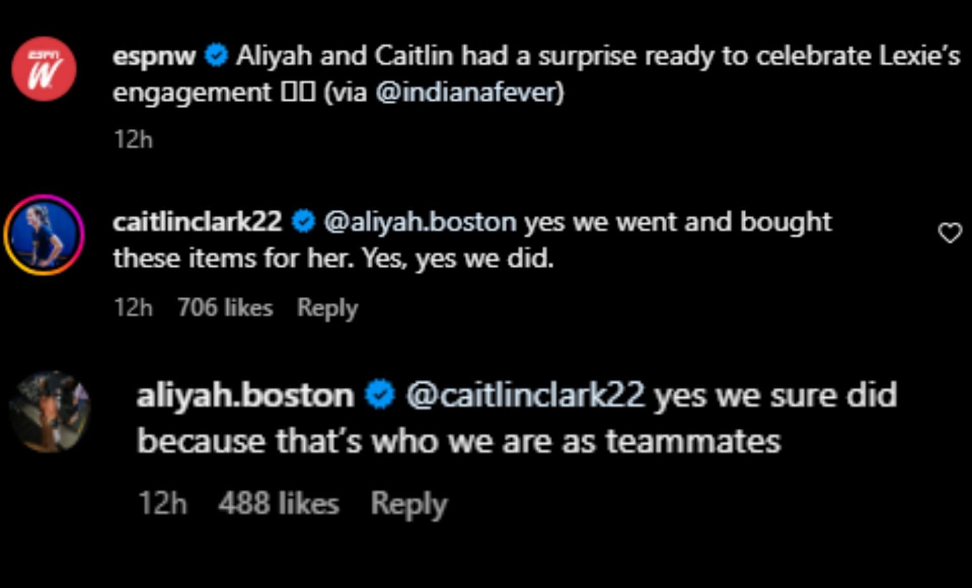Caitlin Clark and Aliyah Boston&#039;s IG comments (via @espnw/Instagram)
