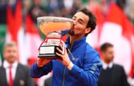 Fabio Fognini of Italy kisses the winners trophy after his straight sets victory against Dusan Lajovic of Serbia in the men's singles final during day eight of the Rolex Monte-Carlo Masters at Monte-Carlo Country Club on April 21, 2019. Source: Getty