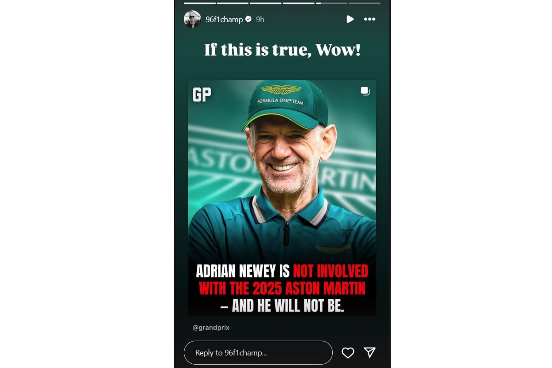 Snapshot of Damon Hill&#039;s Story on Adrian Newey. Credits-Instagram