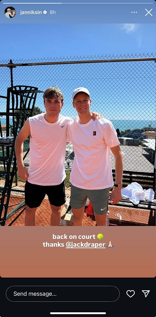 Jannik Sinner thanks Jack Draper via social media - @Sjanniksin/Instagram