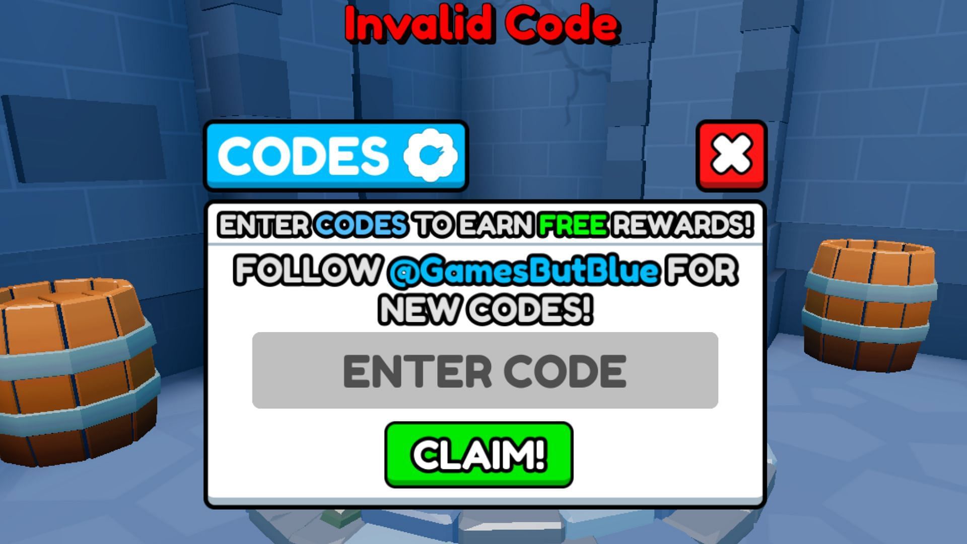 An &quot;Invalid Code&quot; error in Wizard Battle Simulator (Image via Roblox)