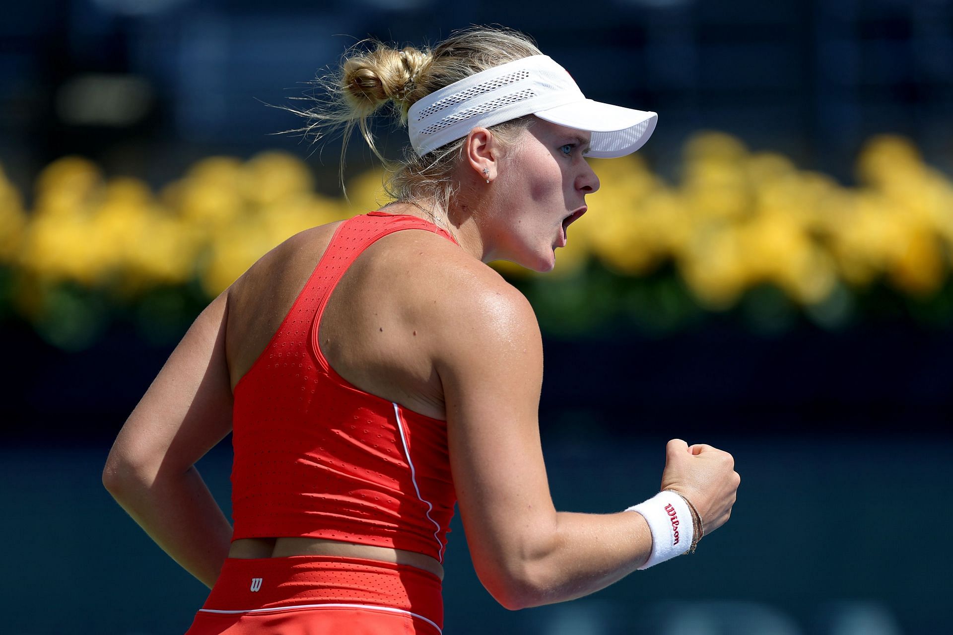 Peyton Stearns of the United States celebrates scoring a point against Qinwen Zheng of China in their second-round match during day four of the Dubai Duty Free Tennis Championships. Source: Getty
