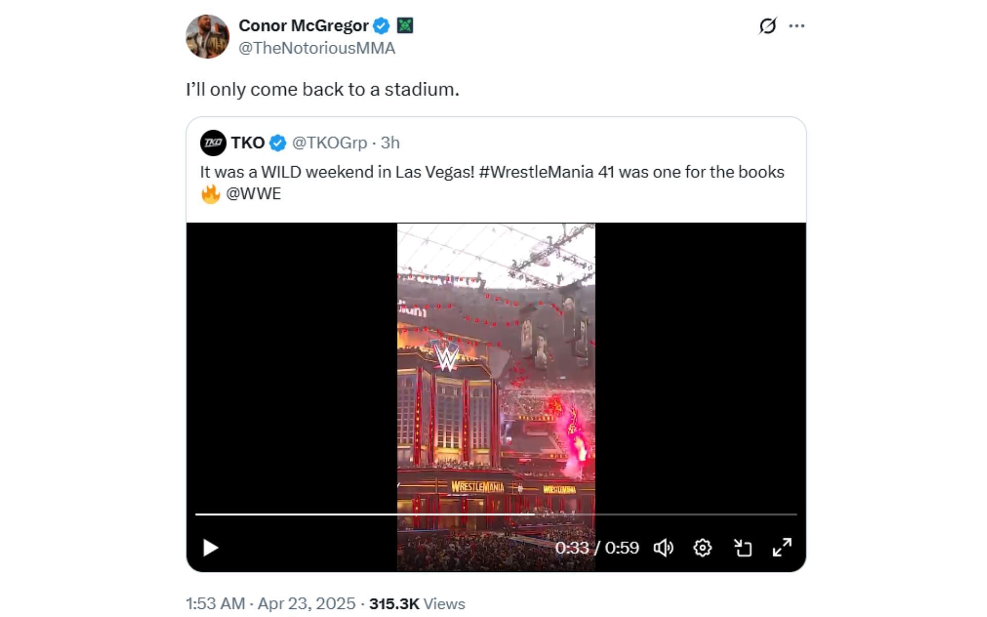 Screenshot of McGregor&#039;s X post. [Screenshot courtesy: @TheNotoriousMMA on X]