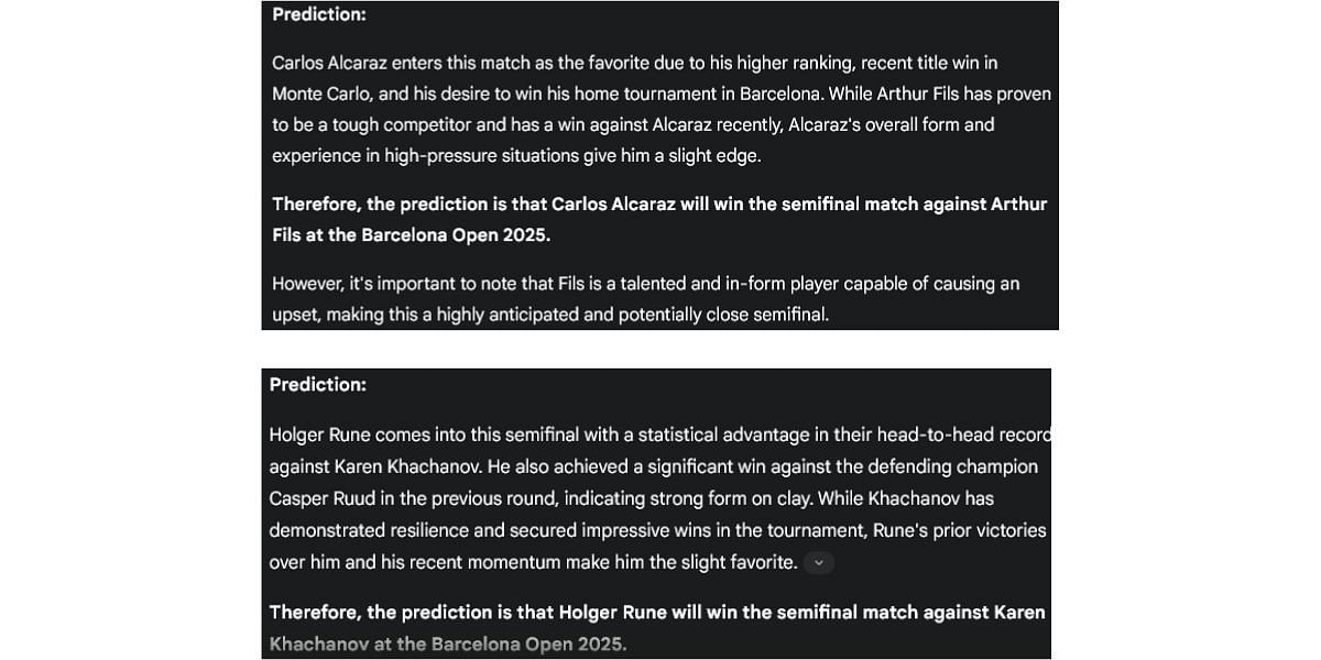 Gemini AI&#039;s prediction for the Barcelona Open men&#039;s singles semifinals.