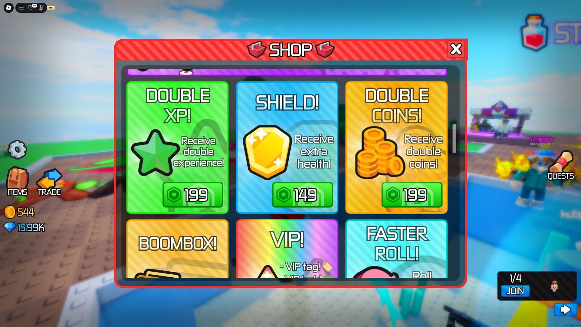 The in-game shop in Zombies RNG (Image via Roblox)