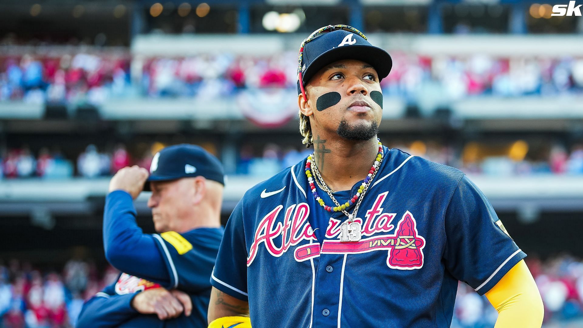 Ronald Acuna Jr. of the Atlanta Braves looks on before Game Three of the Division Series against the Philadelphia Phillies at Citizens Bank Park (Source: Getty)