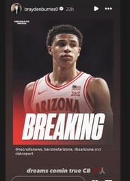 Brayden Burries reacts to Arizona star Carter Bryant declaring for the 2025 NBA Draft. (Source: Instagram/braydenburries0)