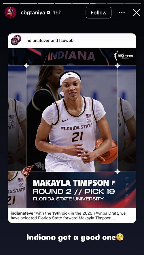 Ta'Niya Latson shows love to former teammate Makayla Timpson on her IG story