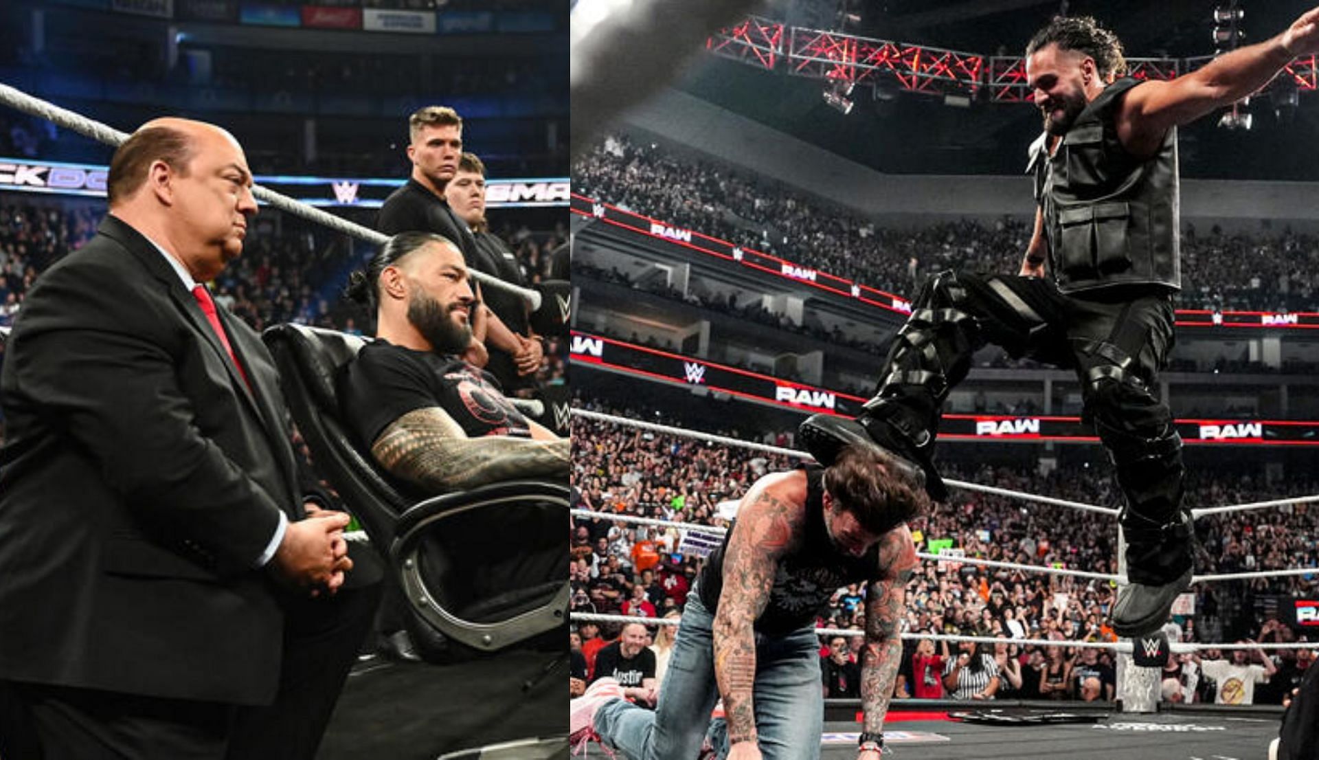रिंग में बैठे रोमन रेंस और सीएम पंक पर अटैक करते सैथ रॉलिंस (Photo: WWE.com)