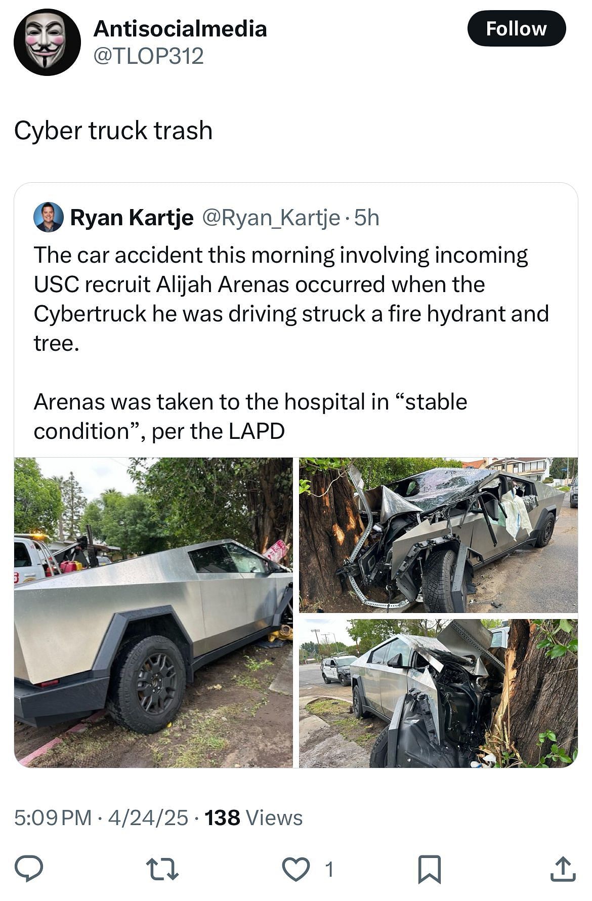 A reply calls cybertrucks &quot;trash&quot;