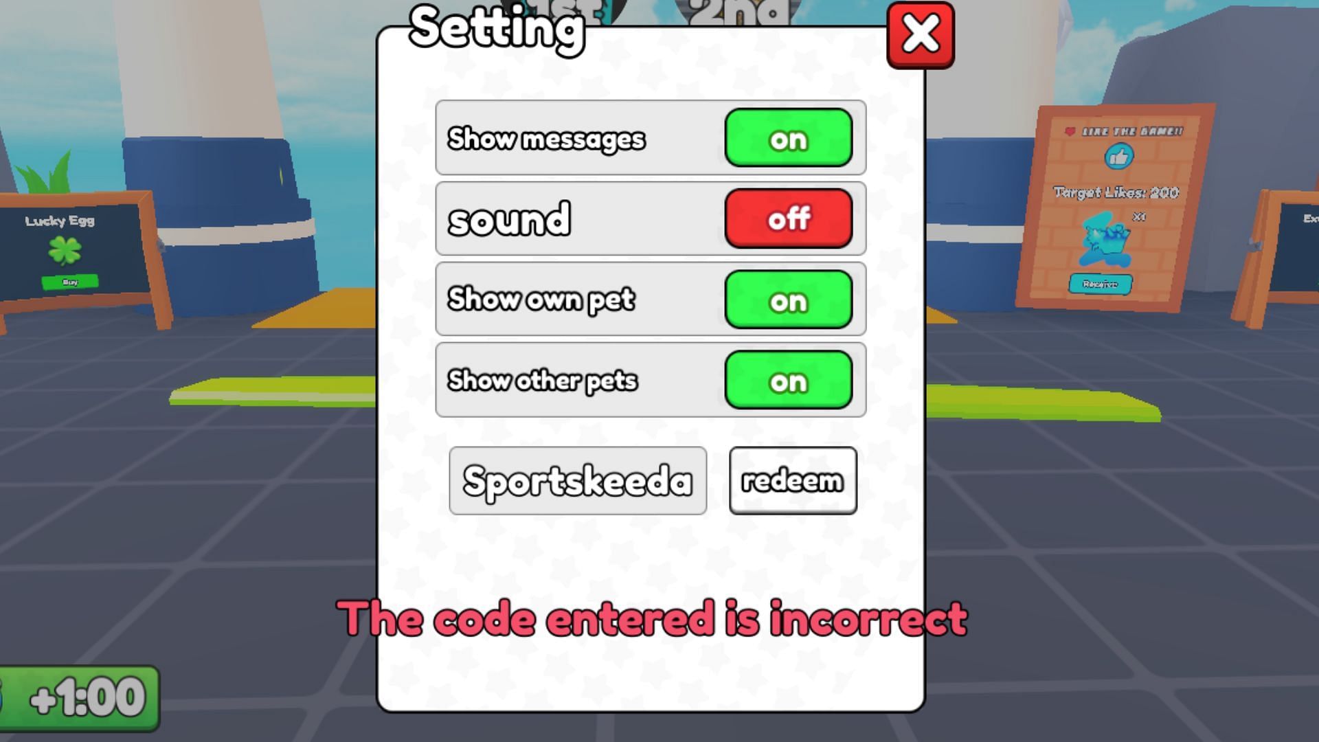 &quot;The code entered is incorrect&quot; error in Plane League Race (Image via Roblox)