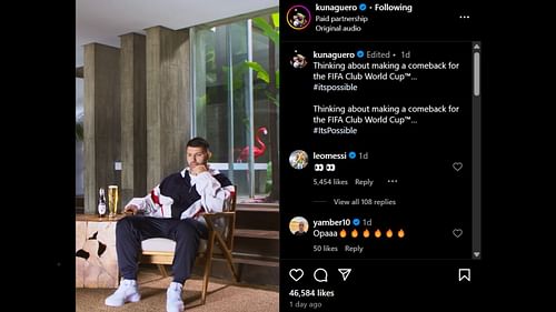 Aguero's post with Messi's comment (First from the top) (Image via Instagram/@kunaguero)