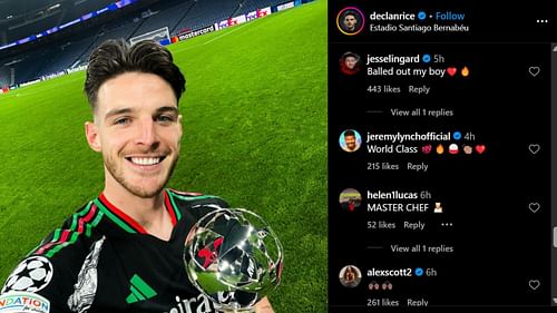 Declan Rice's Instagram post with Jesse Lingard's comment (First from the top) (Image via Instagram/@declanrice)