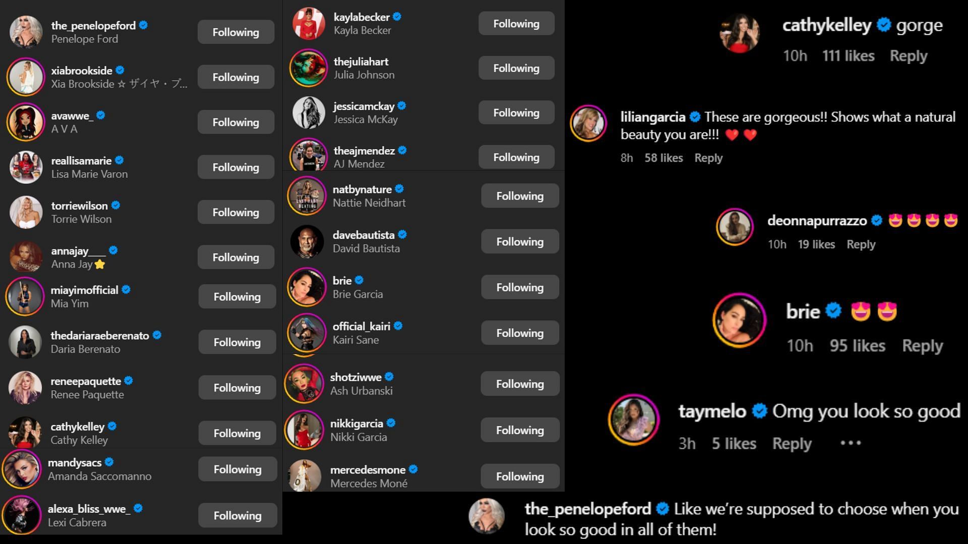 Screenshots of stars&#039; likes and comments [Image credit: Saraya&#039;s Instagram handle]