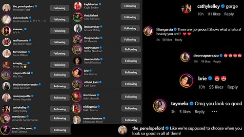 Screenshots of stars' likes and comments [Image credit: Saraya's Instagram handle]