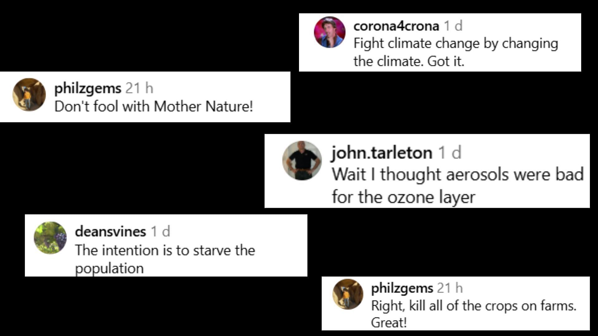 Screenshot of users&#039; reaction to the news of the UK funding sun dimming project (Image via Instagram/@wesley.austin2)
