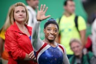 Simone Biles and coach Aimee Boorman during the Rio Olympics in Rio de Janeiro, Brazil. (Photo via Getty Images)