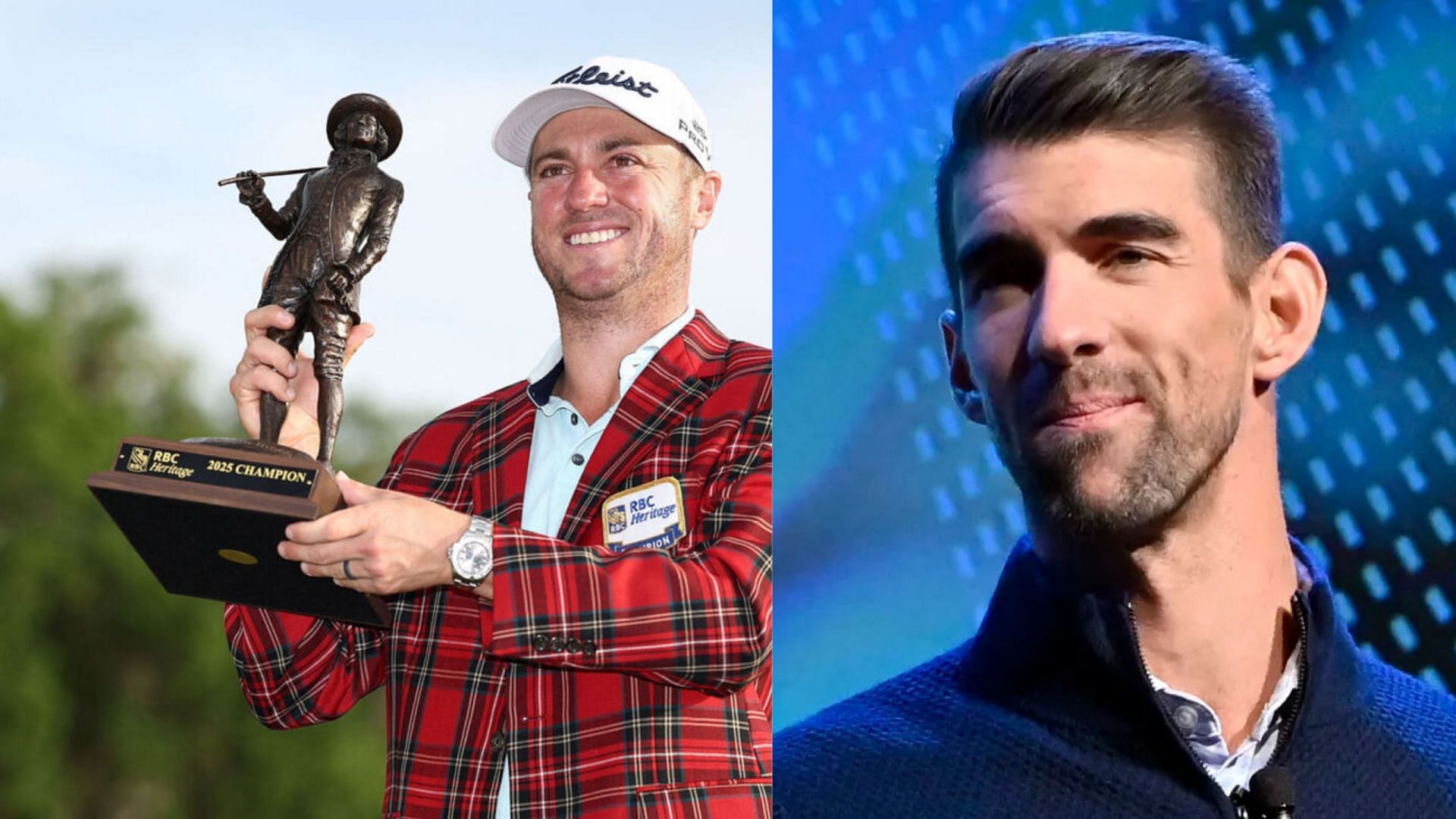 Michael Phelps congratulates Justin Thomas on his victory at the RBC Heritage Championships [Image Source : Getty]