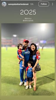 Karun with his wife and kids after IPL 2025 match against MI. (Source - Sanaya Tankariwala Nair/IG)