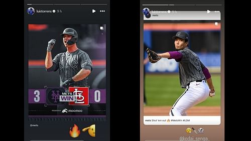 Screenshots of Luis Torrens' Instagram Stories dedicated to Pete Alonso and Kodai Senga respectively (Images from - Instagram.com/@luistorrens IG Stories)